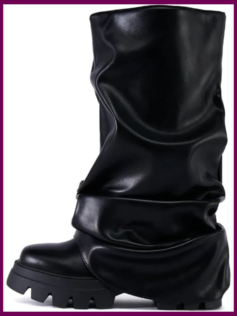 Slouched Ruched Fold Over Boots Wide Calf Platform Chunky Heel Mid Calf Shark
